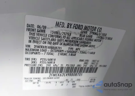 2009 Ford Flex Sel from USA, damaged, VIN 2FMEK62C49BB08705